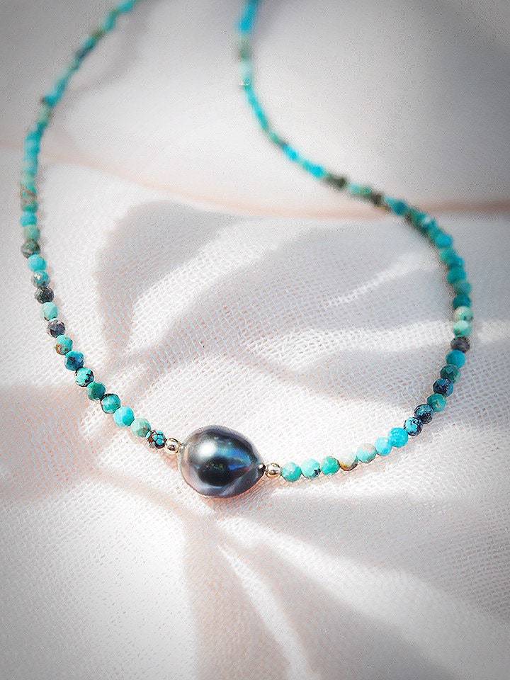 Gold Necklace - Dainty Tahitian Pearl Turquoise Choker Necklace - ke aloha jewelry