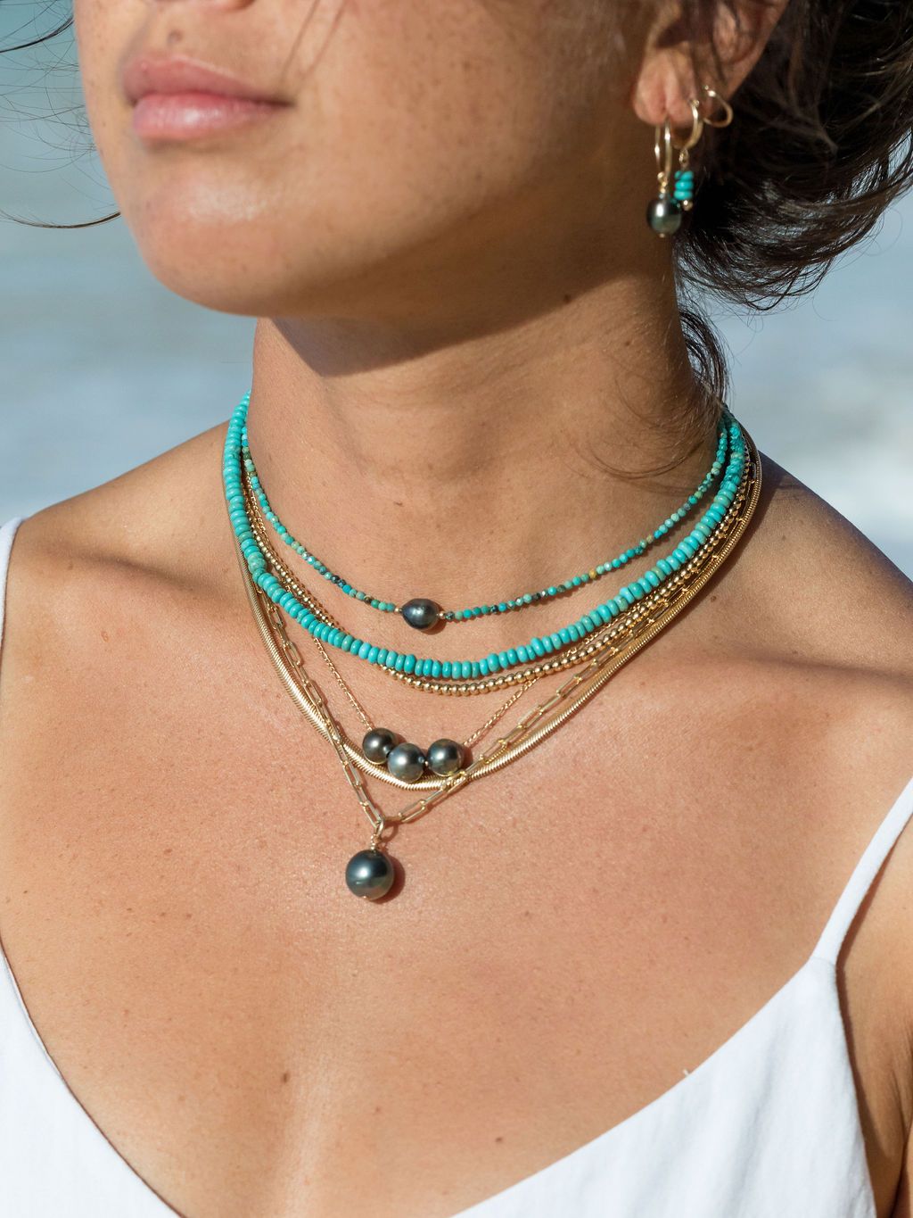 Gold Necklace - Dainty Tahitian Pearl Turquoise Choker Necklace - ke aloha jewelry