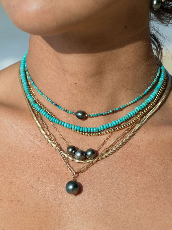 Gold Necklace - Dainty Tahitian Pearl Turquoise Choker Necklace - ke aloha jewelry