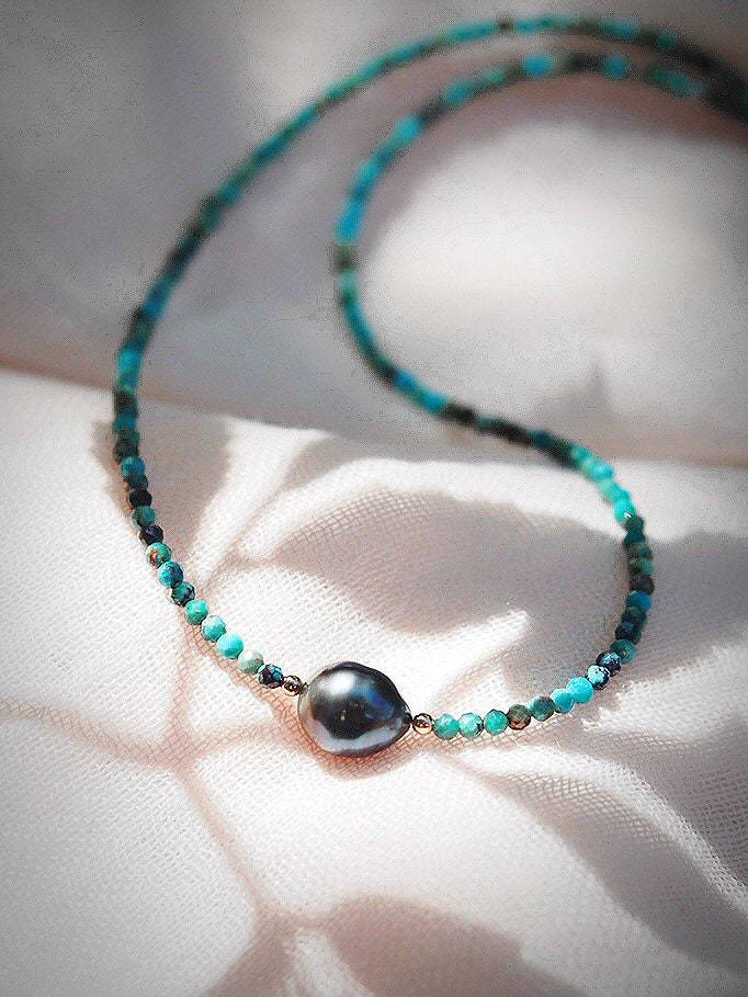 Gold Necklace - Dainty Tahitian Pearl Turquoise Choker Necklace - ke aloha jewelry