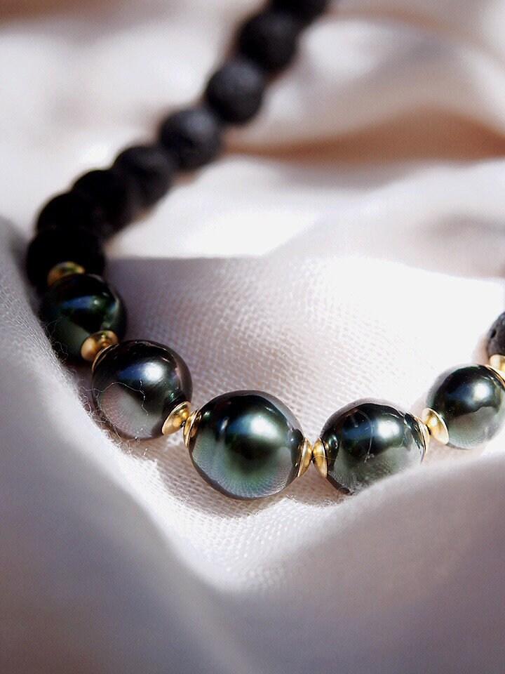 Gold Necklace - Five Black Tahitian Pearl Lava Bead Necklace - Moana - ke aloha jewelry