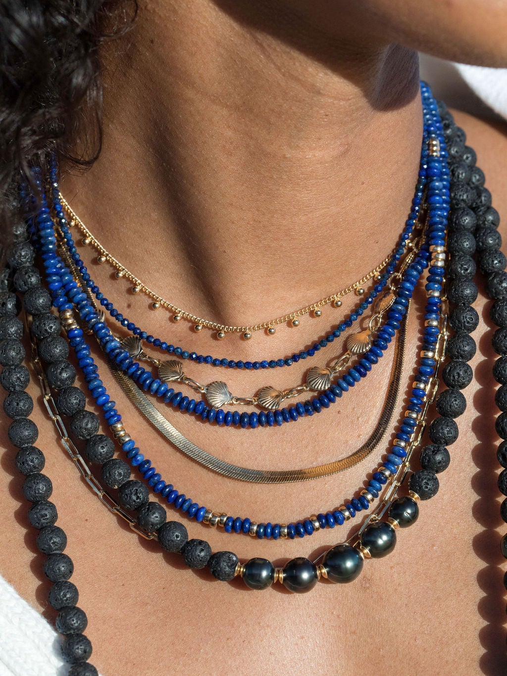 Gold Necklace - Five Black Tahitian Pearl Lava Bead Necklace - Moana - ke aloha jewelry