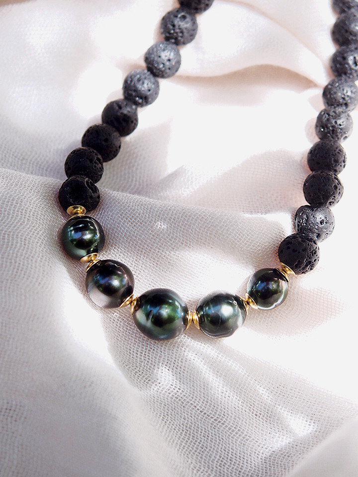Gold Necklace - Five Black Tahitian Pearl Lava Bead Necklace - Moana - ke aloha jewelry