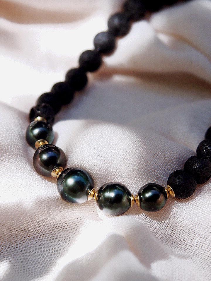 Gold Necklace - Five Black Tahitian Pearl Lava Bead Necklace - Moana - ke aloha jewelry