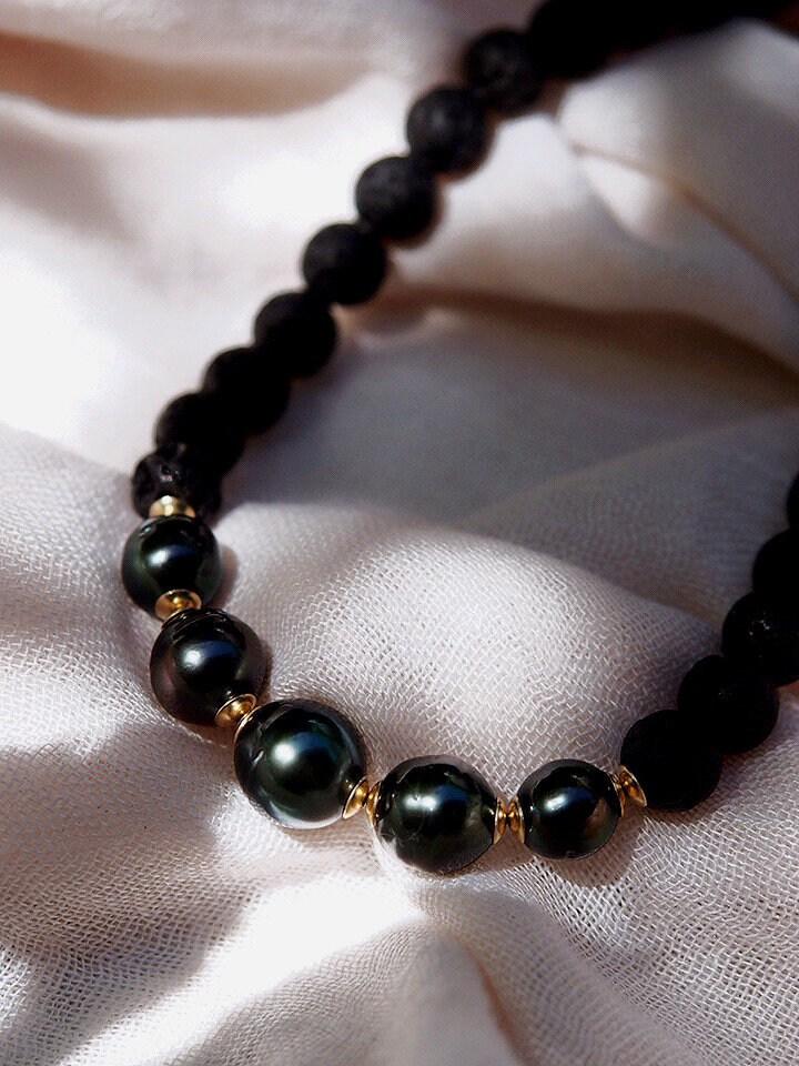 Gold Necklace - Five Black Tahitian Pearl Lava Bead Necklace - Moana - ke aloha jewelry