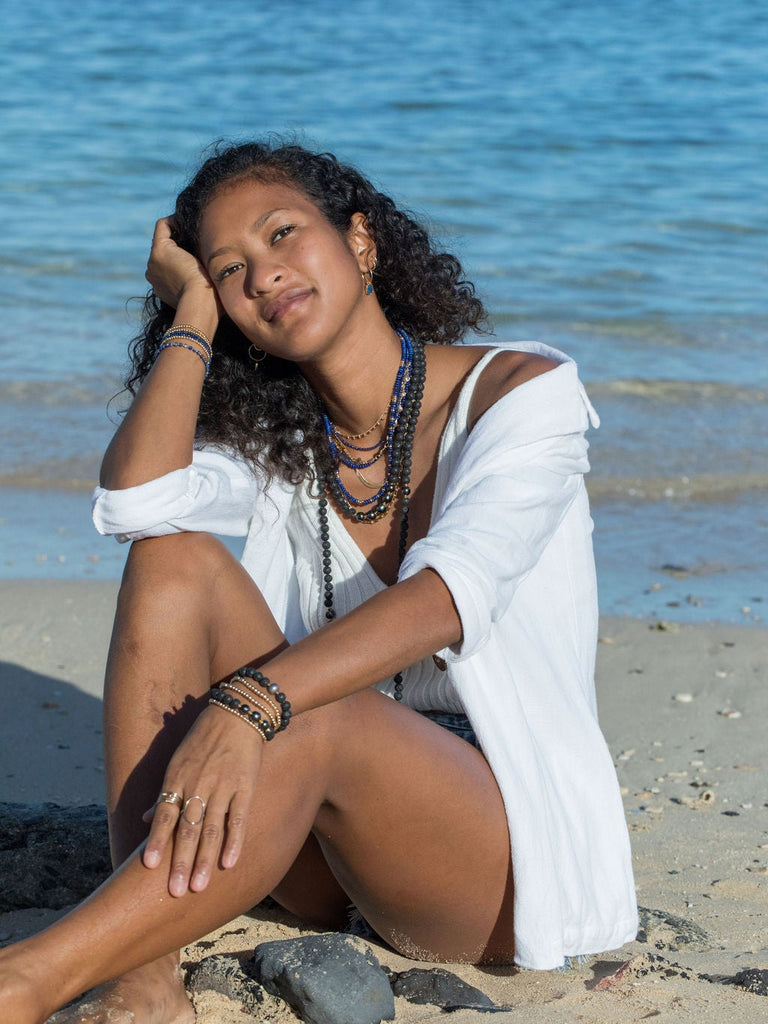 Gold Necklace - Five Black Tahitian Pearl Lava Bead Necklace - Moana - ke aloha jewelry
