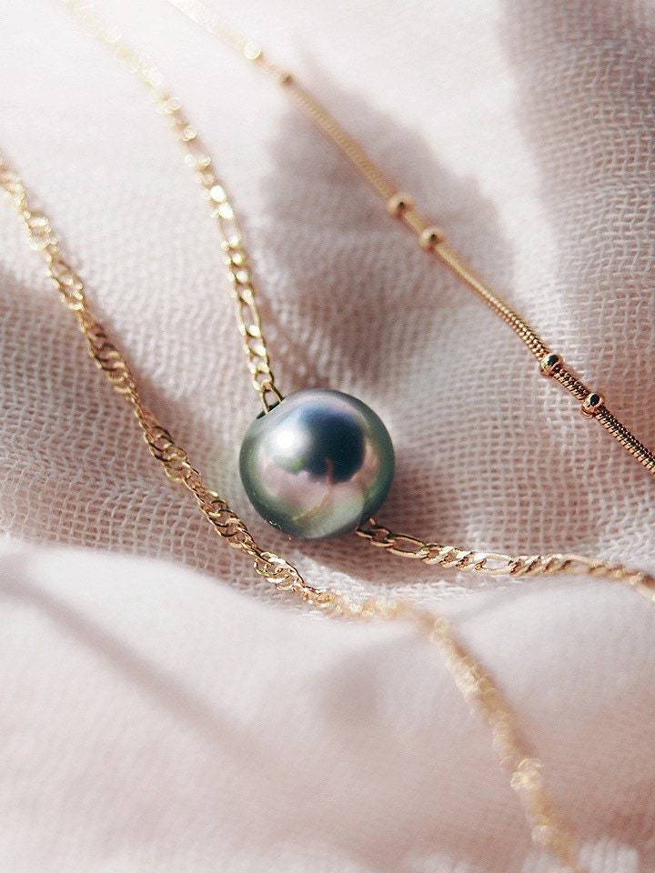 Gold Necklace - Floating Tahitian Pearl Necklace Set - ke aloha jewelry