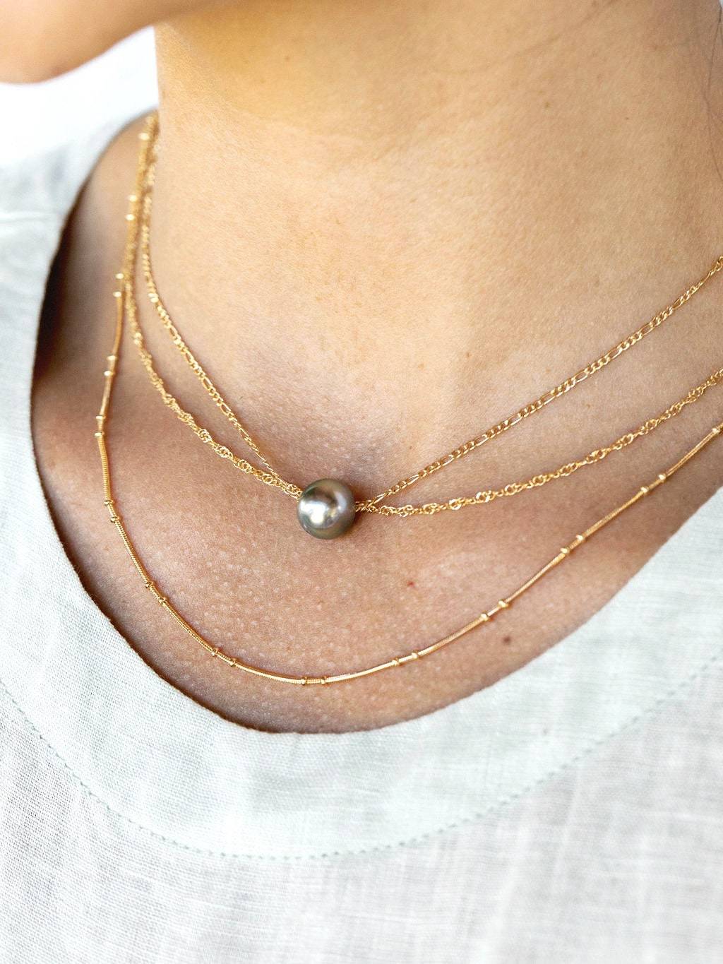 Gold Necklace - Floating Tahitian Pearl Necklace Set - ke aloha jewelry