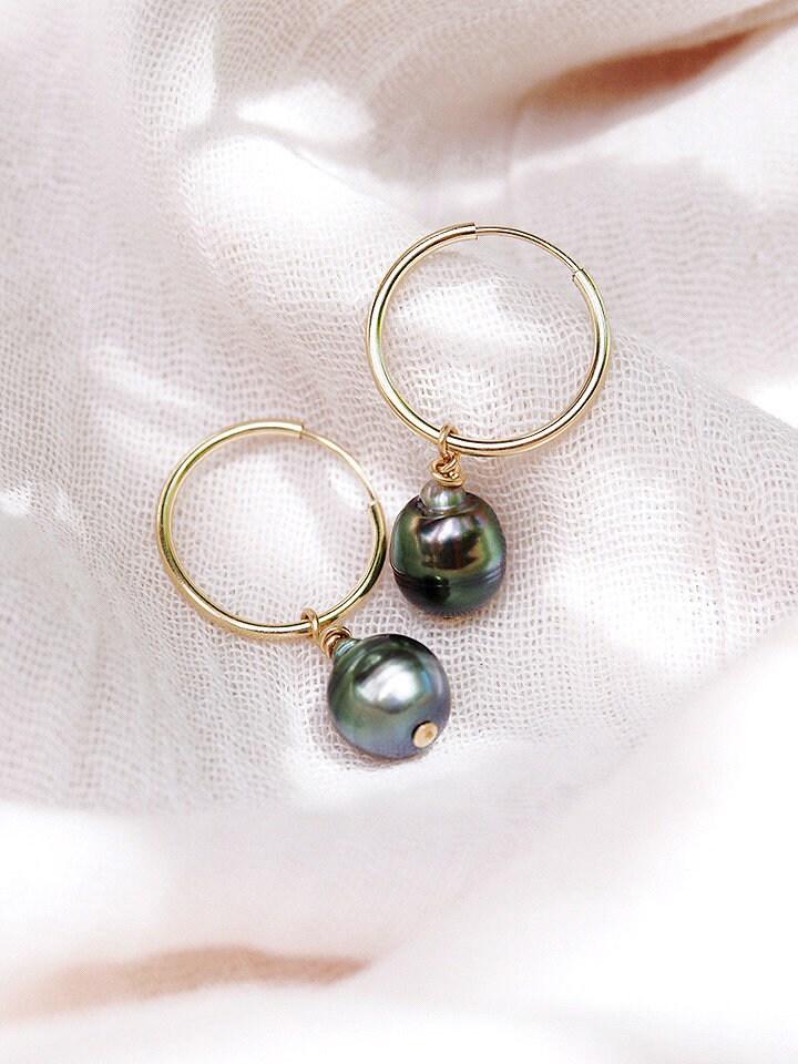 Earrings - Gold Filled Tahitian Pearl Hoop Earrings - Ahe - ke aloha jewelry