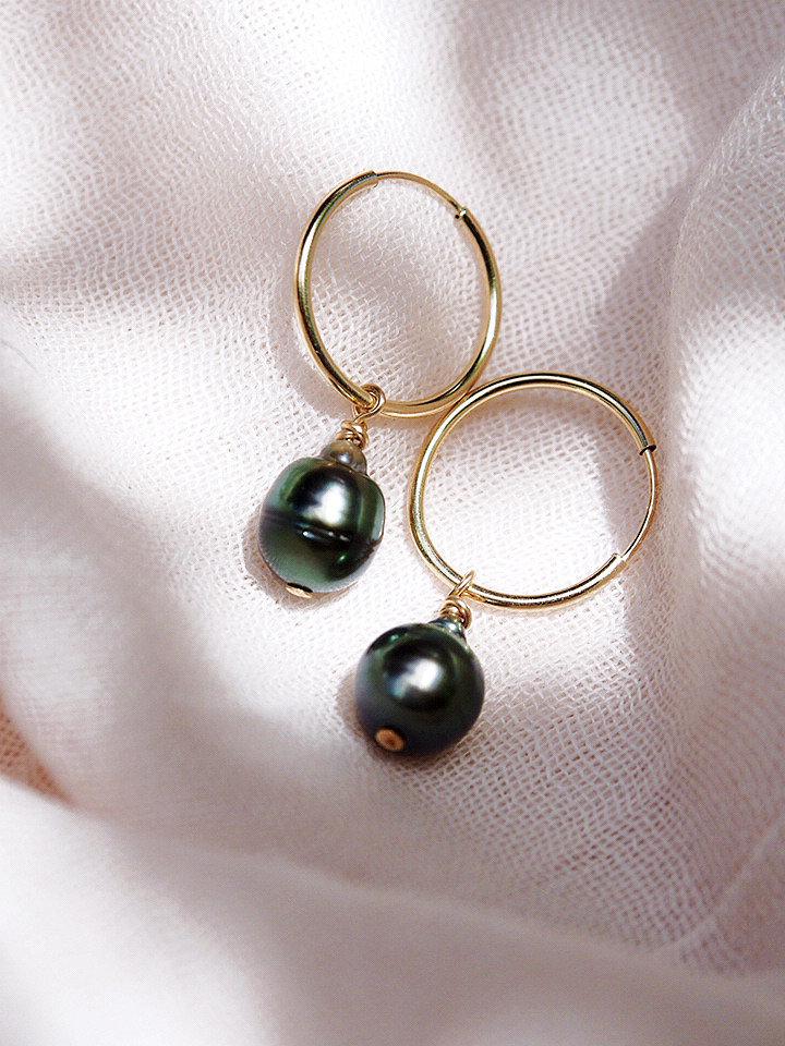 Earrings - Gold Filled Tahitian Pearl Hoop Earrings - Ahe - ke aloha jewelry