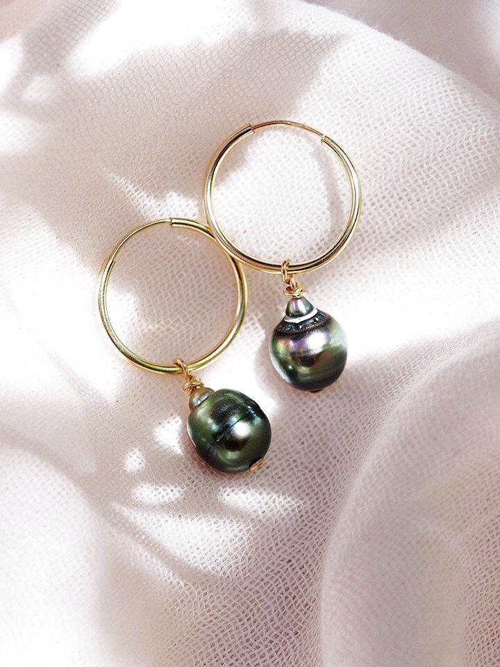 Earrings - Gold Filled Tahitian Pearl Hoop Earrings - Ahe - ke aloha jewelry