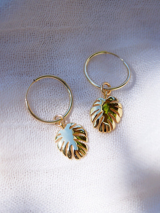 Earrings - Gold Monstera Charm Huggie Hoop Earrings - Alohi - ke aloha jewelry