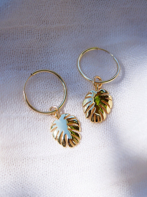 Earrings - Gold Monstera Charm Huggie Hoop Earrings - Alohi - ke aloha jewelry