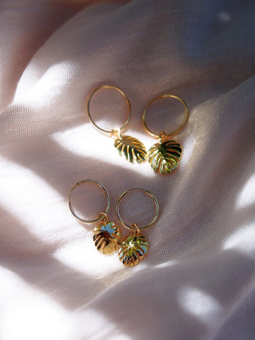 Earrings - Gold Monstera Charm Huggie Hoop Earrings - Alohi - ke aloha jewelry