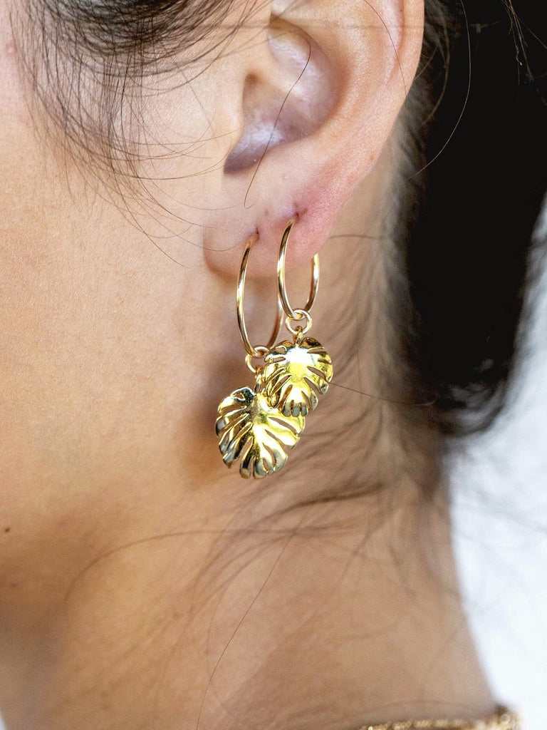 Earrings - Gold Monstera Charm Huggie Hoop Earrings - Alohi - ke aloha jewelry