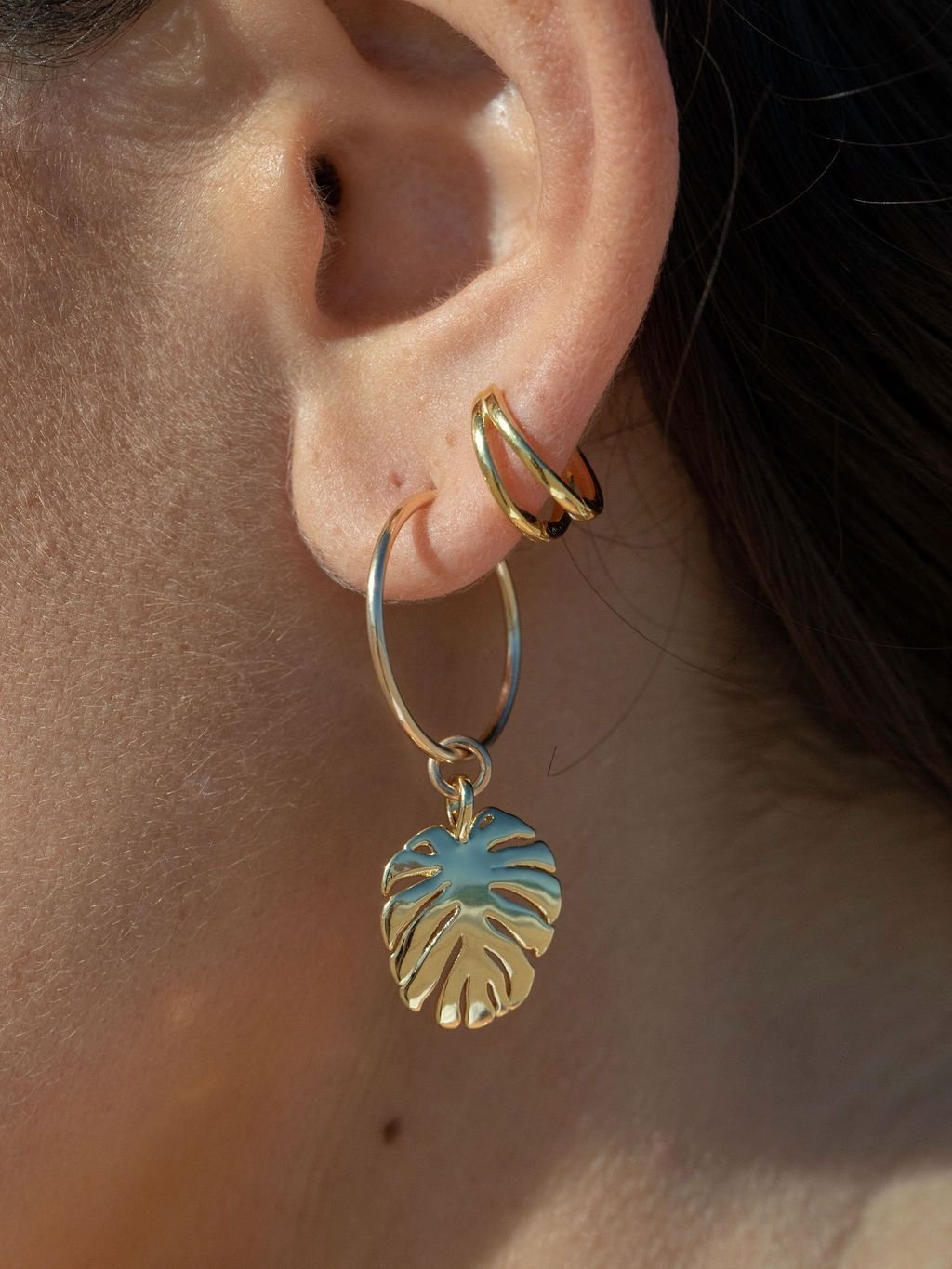 Earrings - Gold Monstera Charm Huggie Hoop Earrings - Alohi - ke aloha jewelry