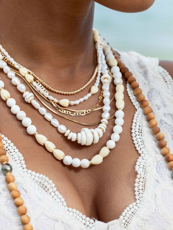 Gold Necklace - Gold Puka Shell Pearl Bead Necklace - Maka - ke aloha jewelry