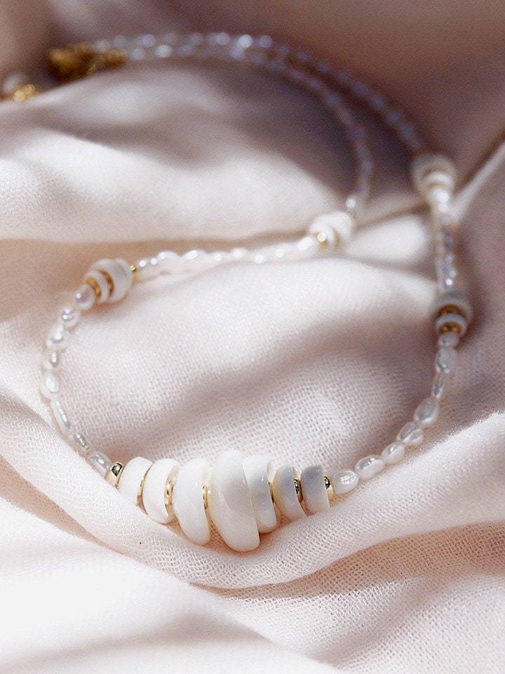 Gold Necklace - Gold Puka Shell Pearl Bead Necklace - Maka - ke aloha jewelry