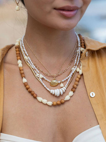 Gold Necklace - Gold Puka Shell Pearl Bead Necklace - Maka - ke aloha jewelry