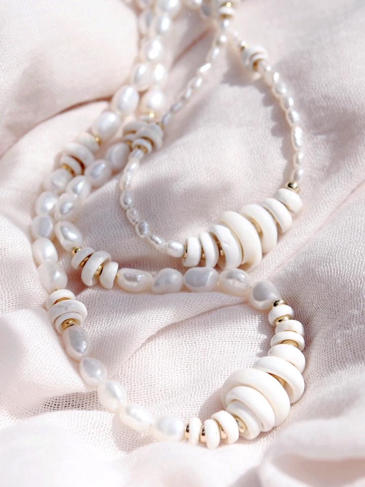 Gold Necklace - Gold Puka Shell Pearl Bead Necklace - Maka - ke aloha jewelry