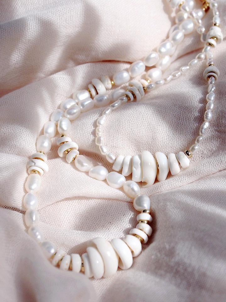 Gold Necklace - Gold Puka Shell Pearl Bead Necklace - Maka - ke aloha jewelry