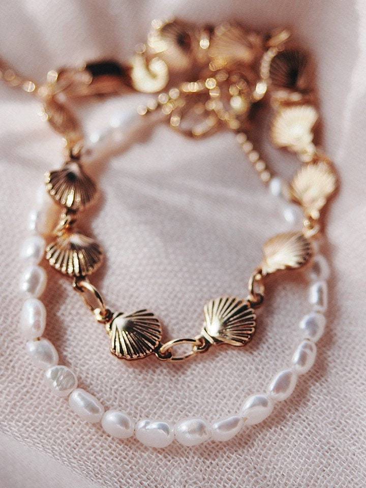 Gold Bracelet - Gold Shell and Pearl Bracelet Set - ke aloha jewelry