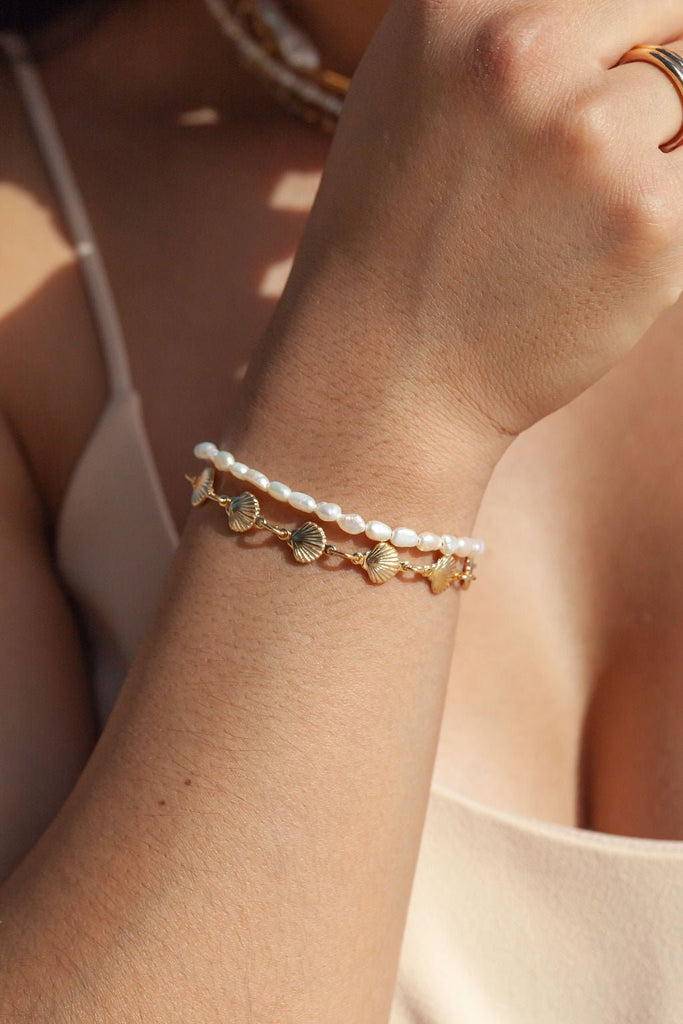 Gold Bracelet - Gold Shell and Pearl Bracelet Set - ke aloha jewelry