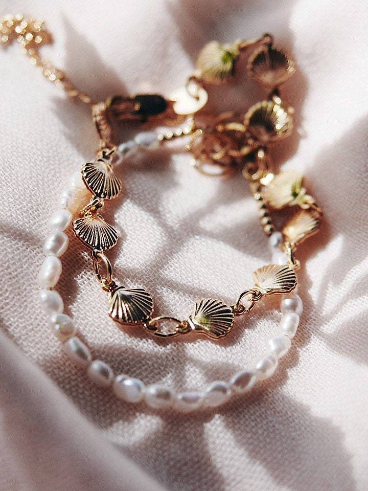 Gold Bracelet - Gold Shell and Pearl Bracelet Set - ke aloha jewelry