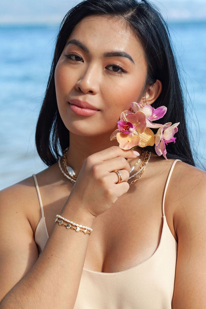 Gold Bracelet - Gold Shell and Pearl Bracelet Set - ke aloha jewelry