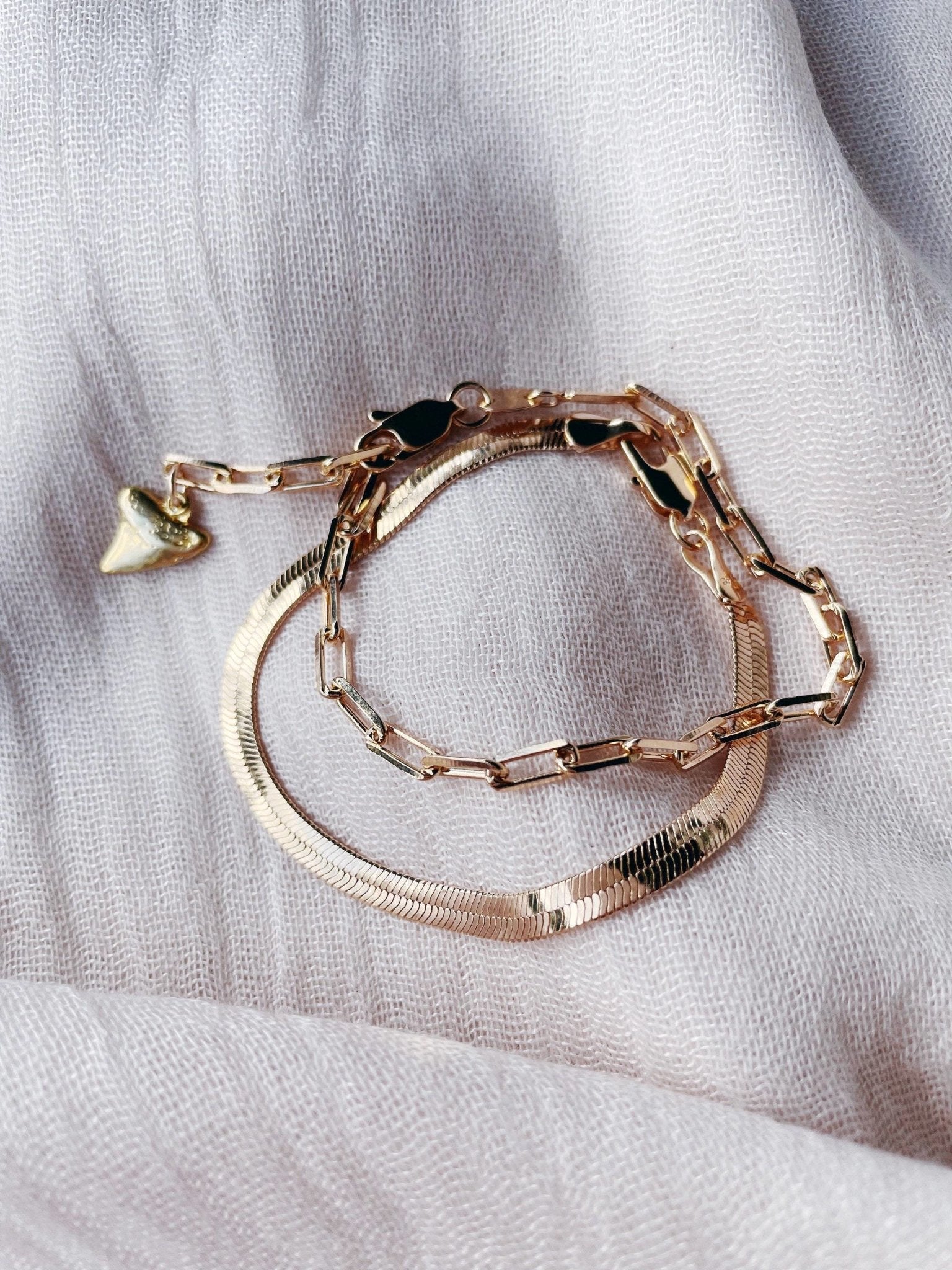 Gold Bracelet - Herringbone Paperclip Chain Bracelet Set - ke aloha jewelry