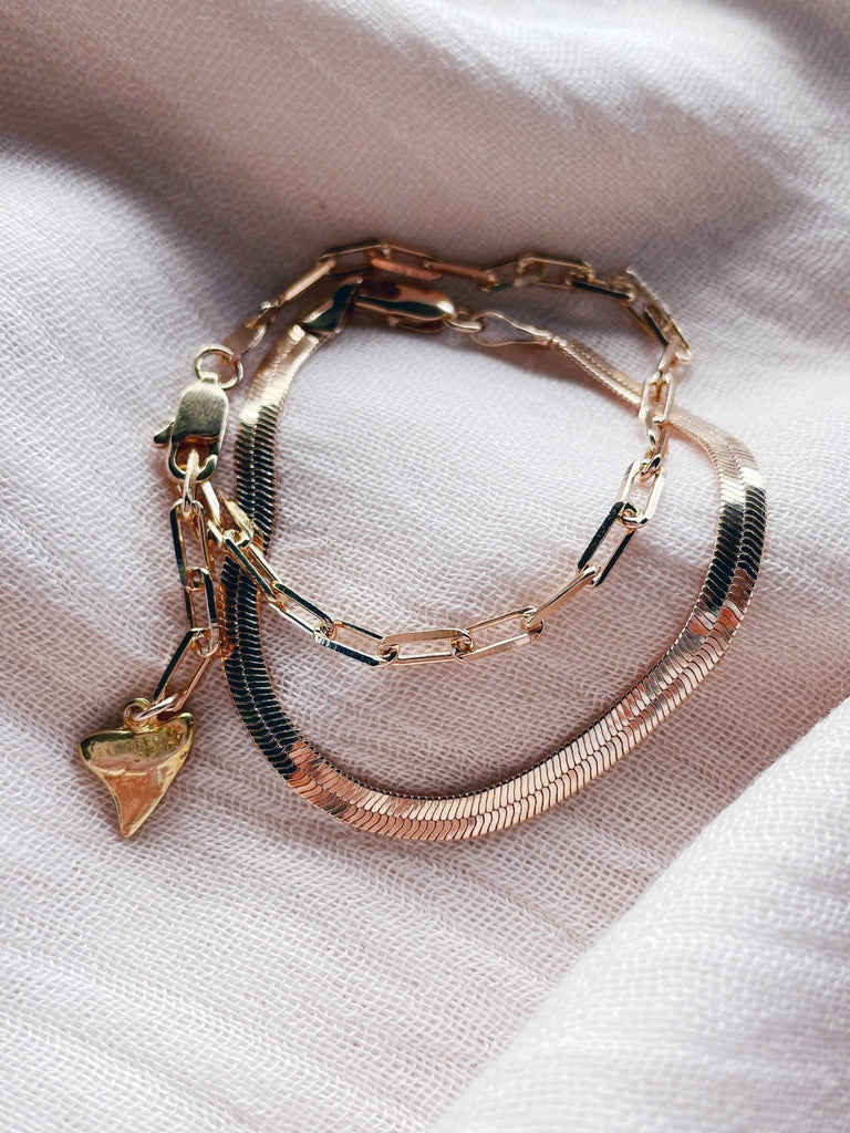 Gold Bracelet - Herringbone Paperclip Chain Bracelet Set - ke aloha jewelry