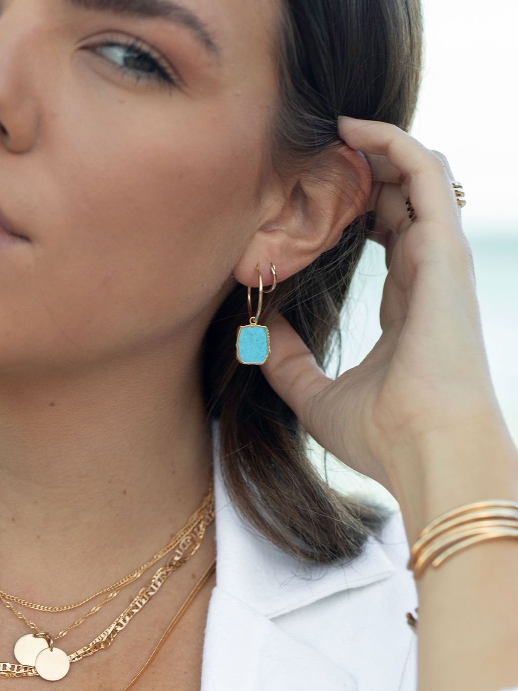 Earrings - Howlite Turquoise Gold Medium Hoop Earrings - Alaka'i - ke aloha jewelry
