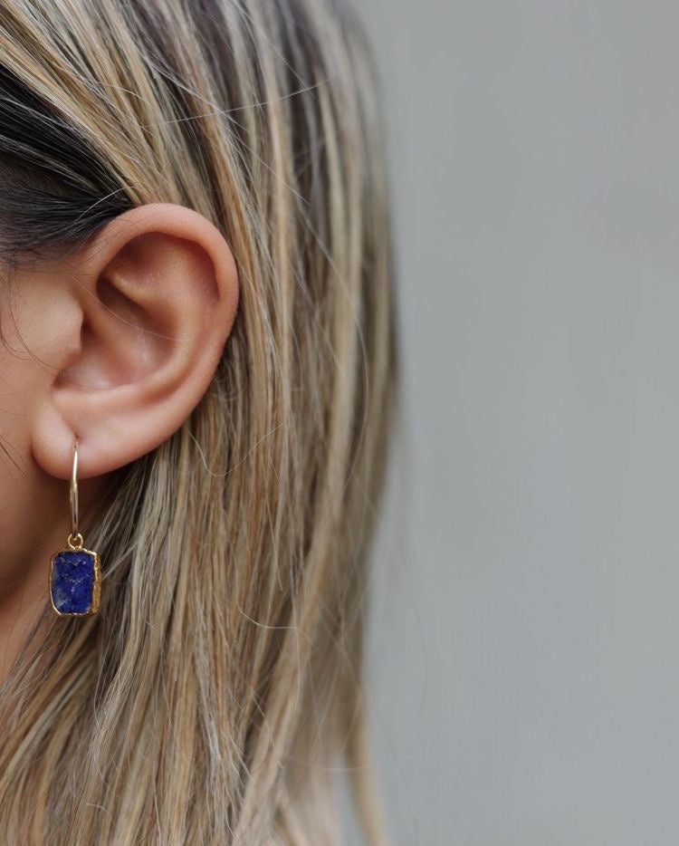 Earrings - Lapis Lazuli Gold Medium Hoop Earrings - Ku - ke aloha jewelry