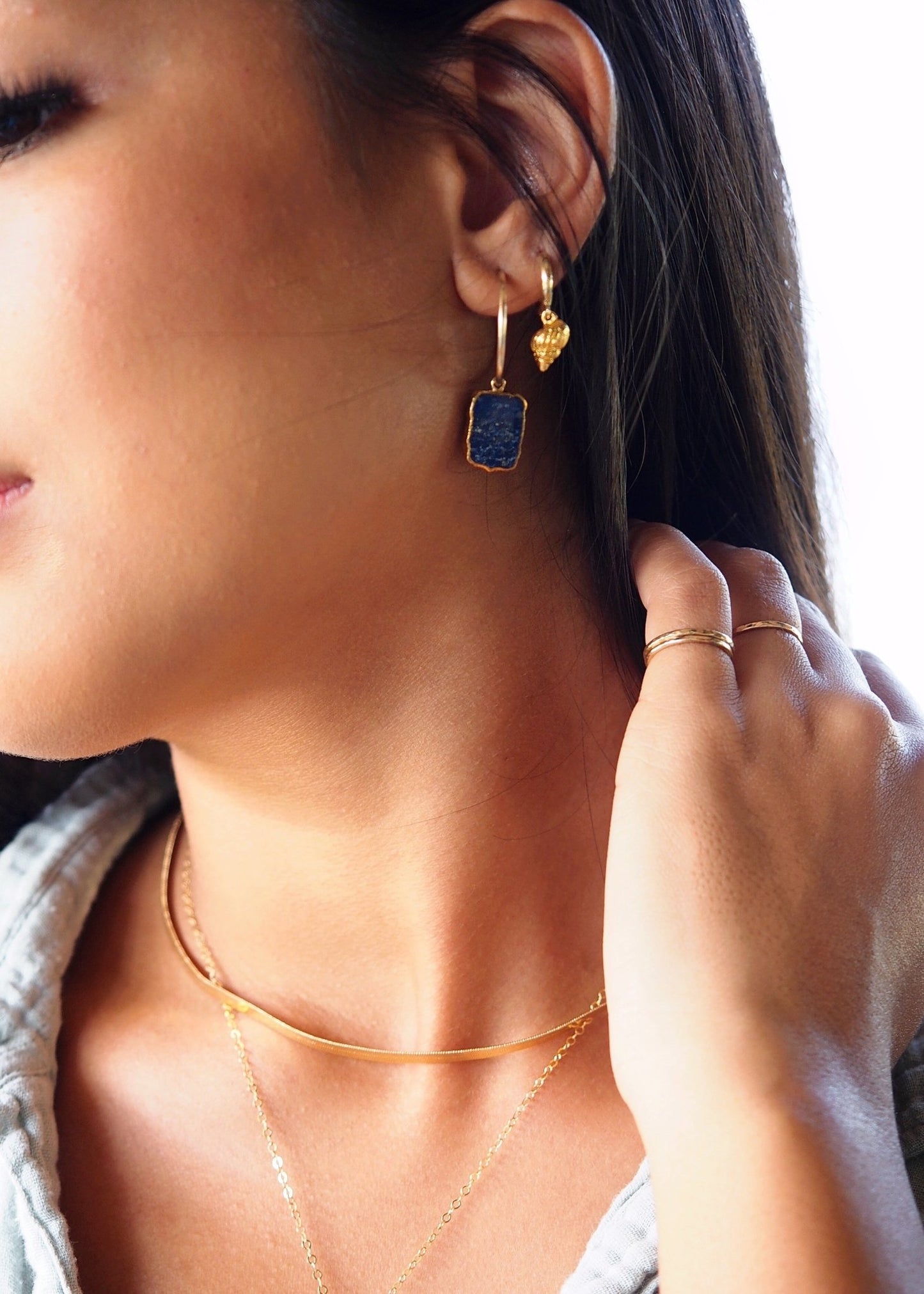 Lapis Lazuli Gold Medium Hoop Earrings - Ku