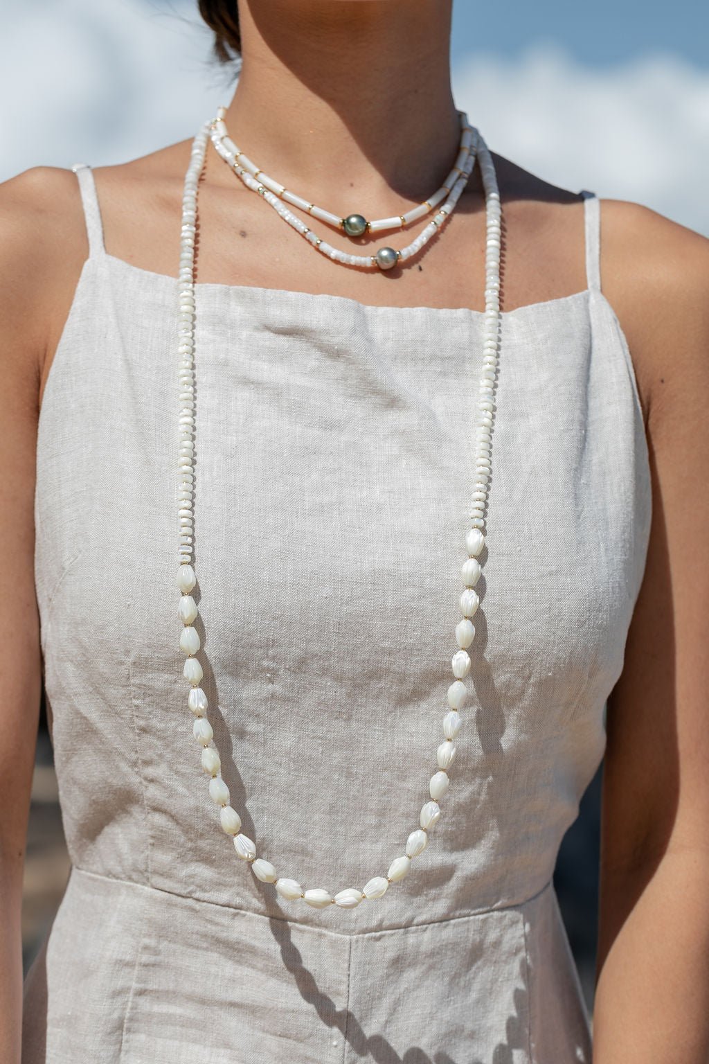 Gold Necklace - Long Mother of Pearl Pikake Necklace - Kēhau - ke aloha jewelry