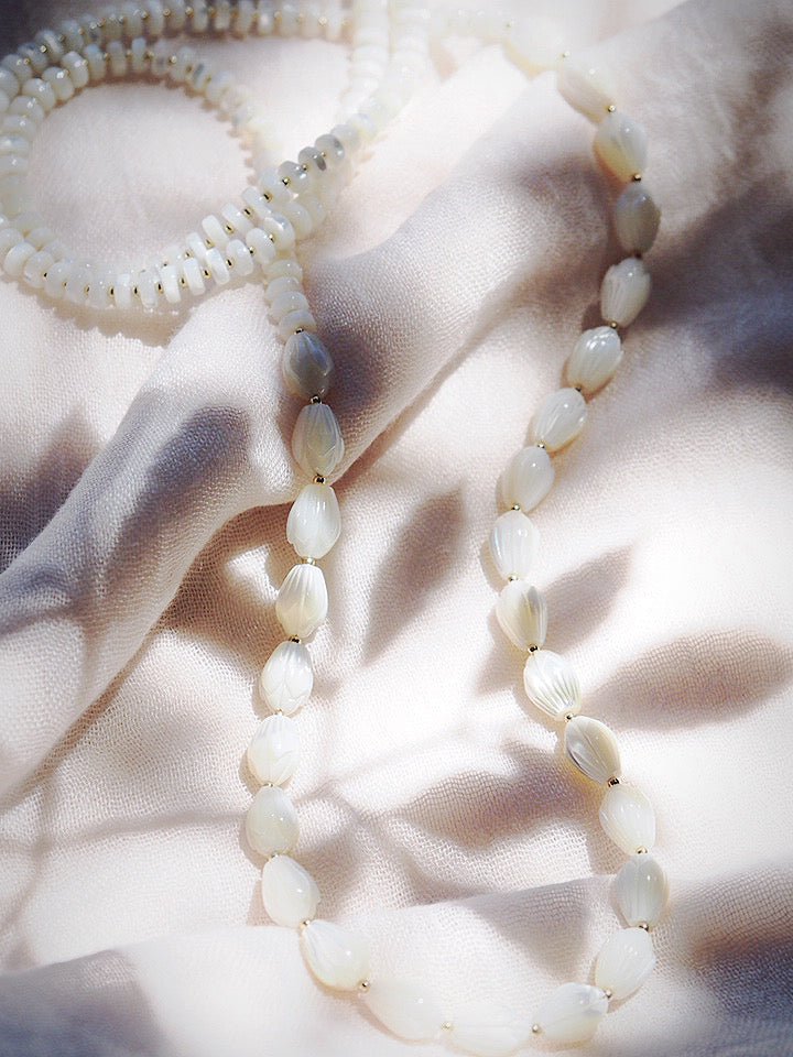 Gold Necklace - Long Mother of Pearl Pikake Necklace - Kēhau - ke aloha jewelry
