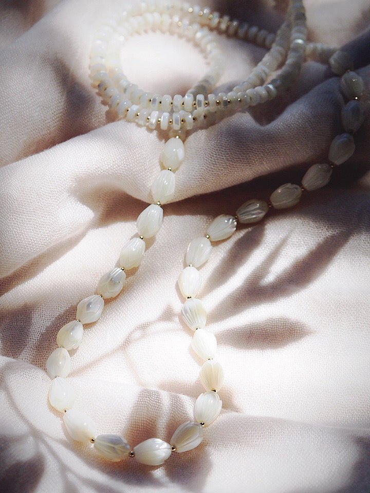Gold Necklace - Long Mother of Pearl Pikake Necklace - Kēhau - ke aloha jewelry