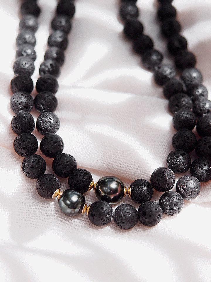 Gold Necklace - Long Tahitian Pearl Lava Bead Necklace - Ainalani - ke aloha jewelry