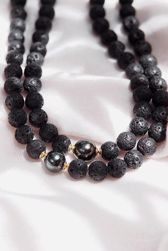Gold Necklace - Long Tahitian Pearl Lava Bead Necklace - Ainalani - ke aloha jewelry