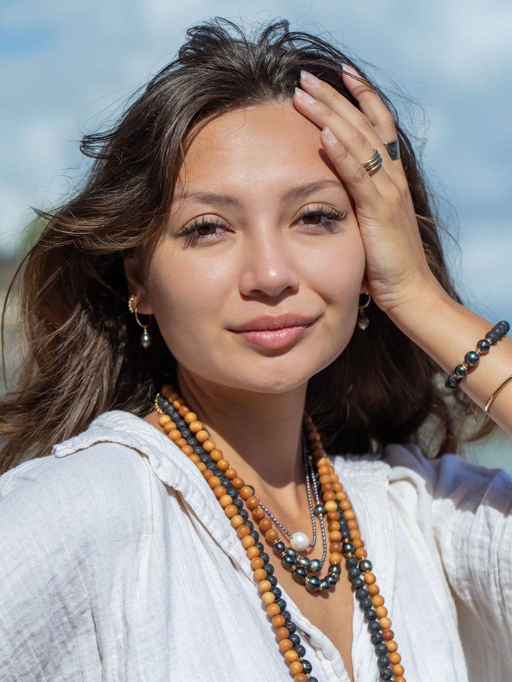 Gold Necklace - Long Tahitian Pearl Lava Bead Necklace - Ainalani - ke aloha jewelry