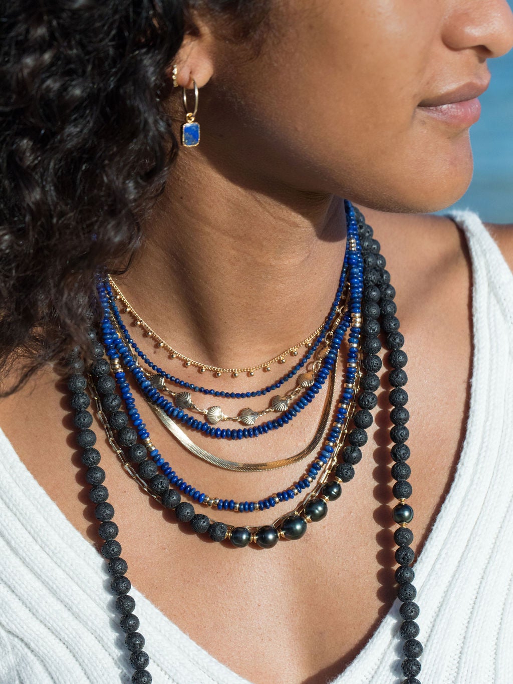 Gold Necklace - Long Tahitian Pearl Lava Bead Necklace - Ainalani - ke aloha jewelry