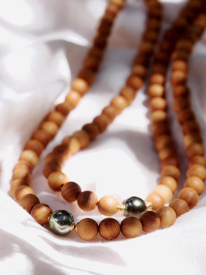 Gold Necklace - Long Tahitian Pearl Sandalwood Bead Necklace - Ainalani - ke aloha jewelry