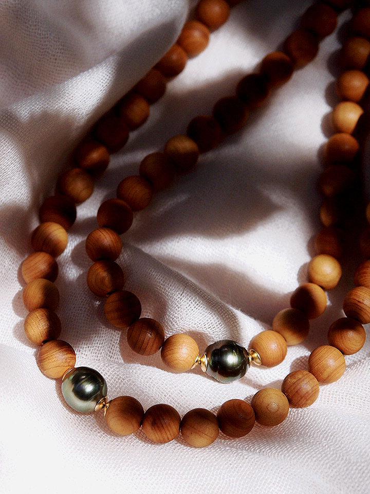 Gold Necklace - Long Tahitian Pearl Sandalwood Bead Necklace - Ainalani - ke aloha jewelry