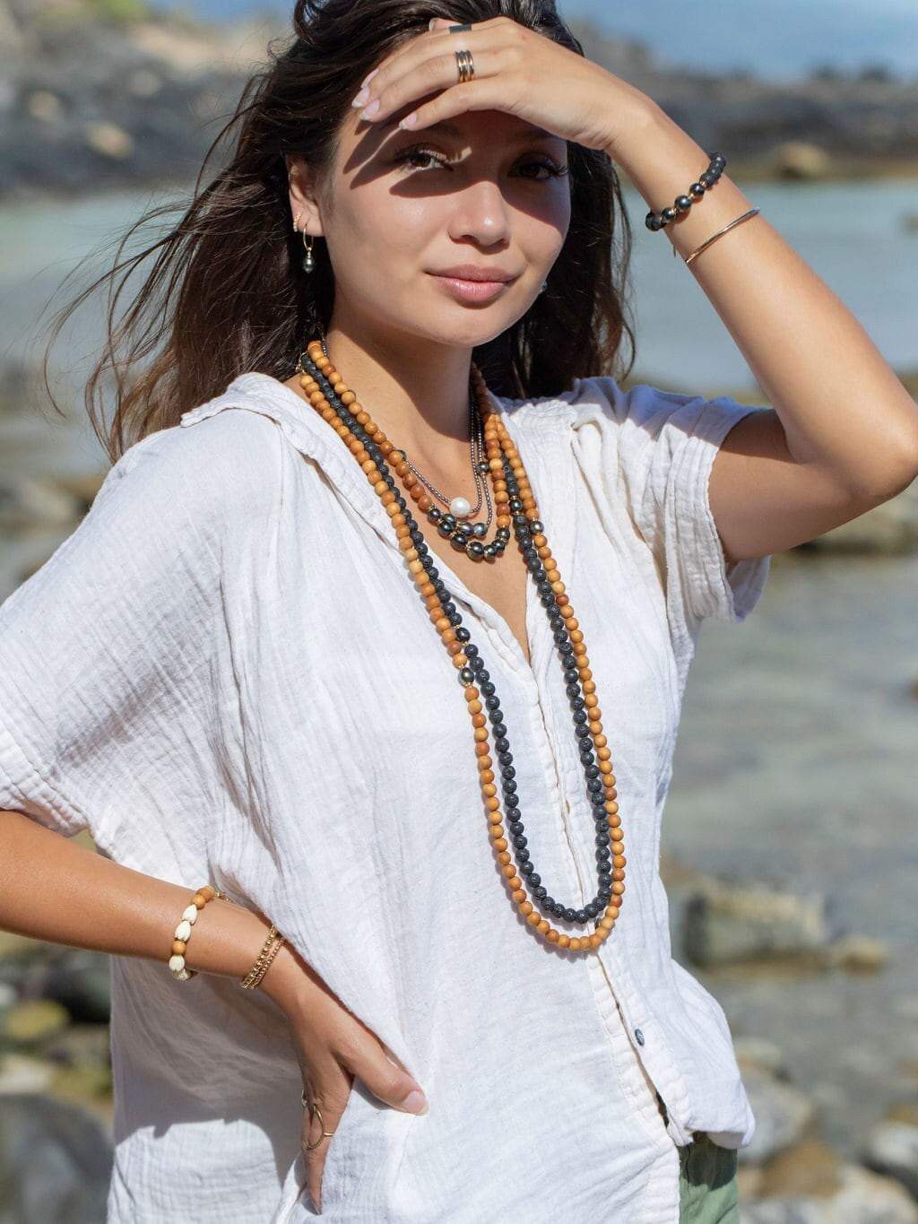 Gold Necklace - Long Tahitian Pearl Sandalwood Bead Necklace - Ainalani - ke aloha jewelry