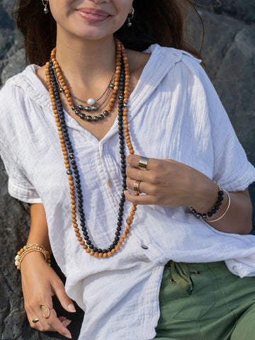 Gold Necklace - Long Tahitian Pearl Sandalwood Bead Necklace - Ainalani - ke aloha jewelry
