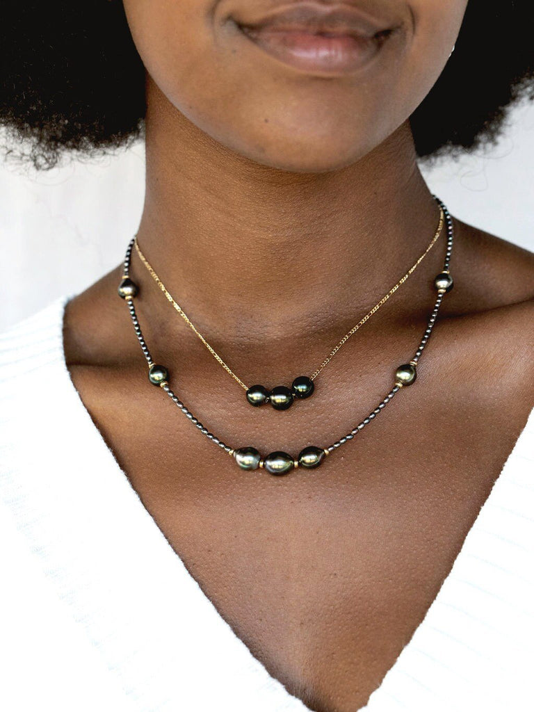Gold Necklaces - Luxe Tahitian Pearl Layering Necklace Set - ke aloha jewelry