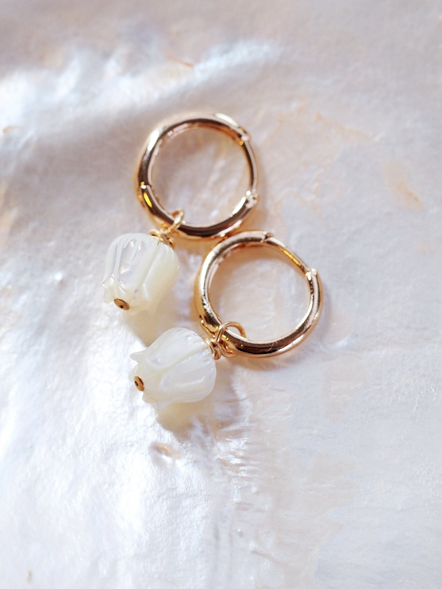 Earrings - Mother of Pearl and Gold Flower Lei Charm Huggie Hoop Earrings - Lei - Ke Aloha Jewelry