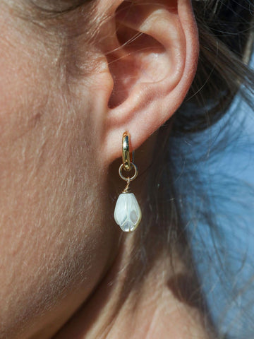 Earrings - Mother of Pearl and Gold Flower Lei Charm Huggie Hoop Earrings - Lei - ke aloha jewelry