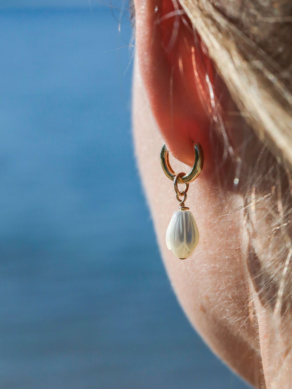 Earrings - Mother of Pearl and Gold Flower Lei Charm Huggie Hoop Earrings - Lei - ke aloha jewelry