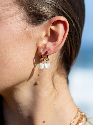 Earrings - Mother of Pearl and Gold Flower Lei Charm Huggie Hoop Earrings - Lei - Ke Aloha Jewelry